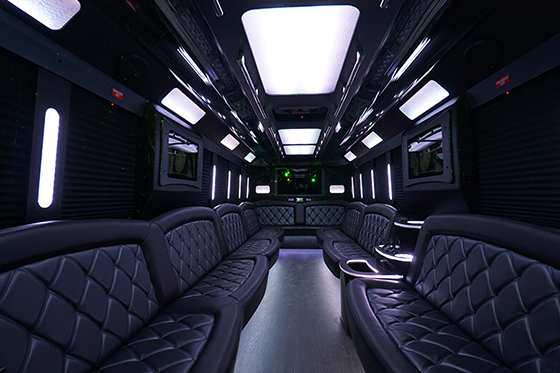 balck leather party bus interior